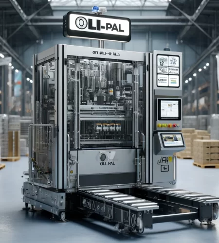 DALL·E 2024-05-22 15.16.16 - A compact palletizer machine named oli-pal at the end of a packaging line. The machine is sleek, modern, and industrial, with a design that allows for